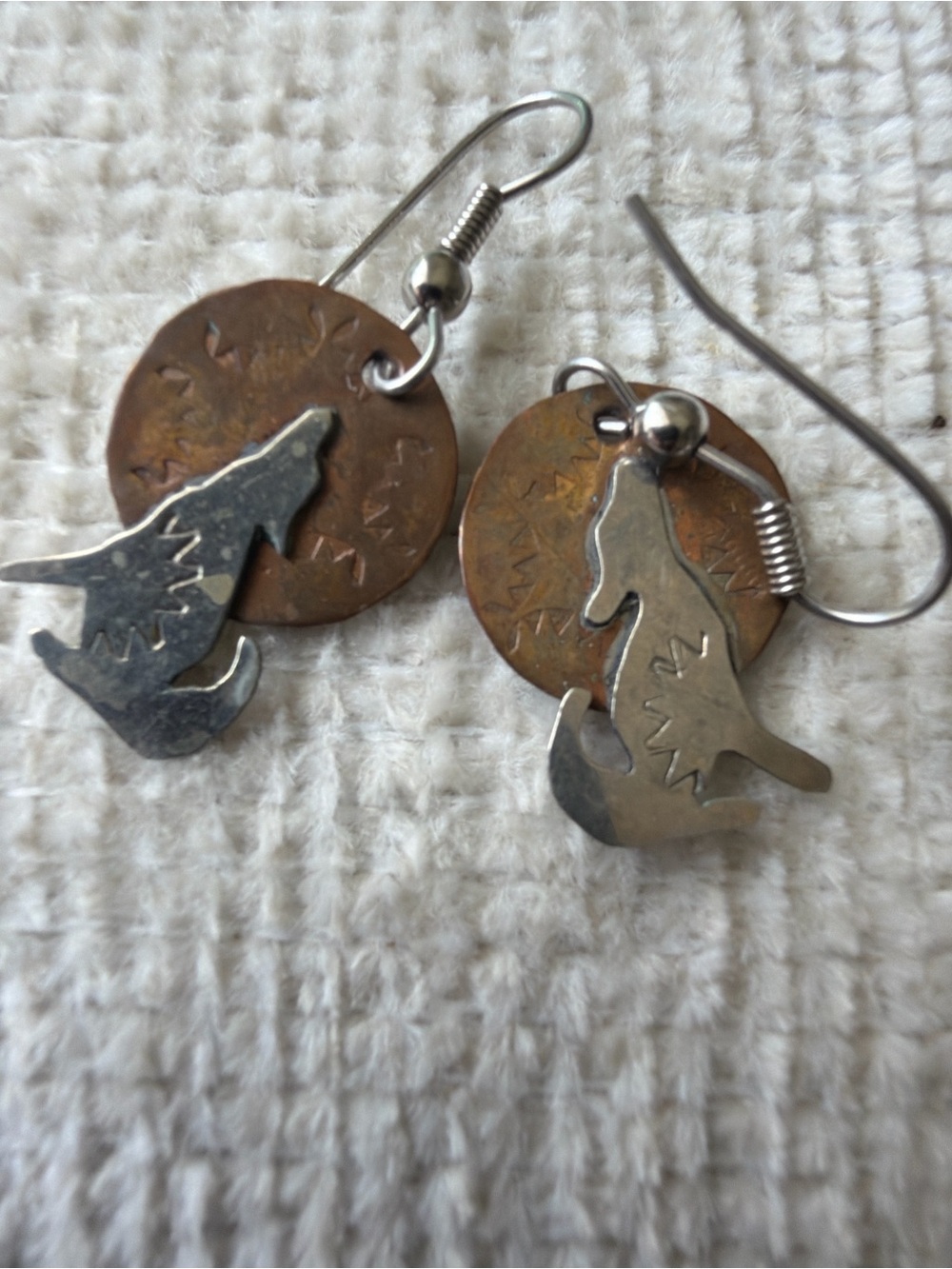 Vintage Wolf Silhouette Dangle Earrings in Silver and Copper Tones